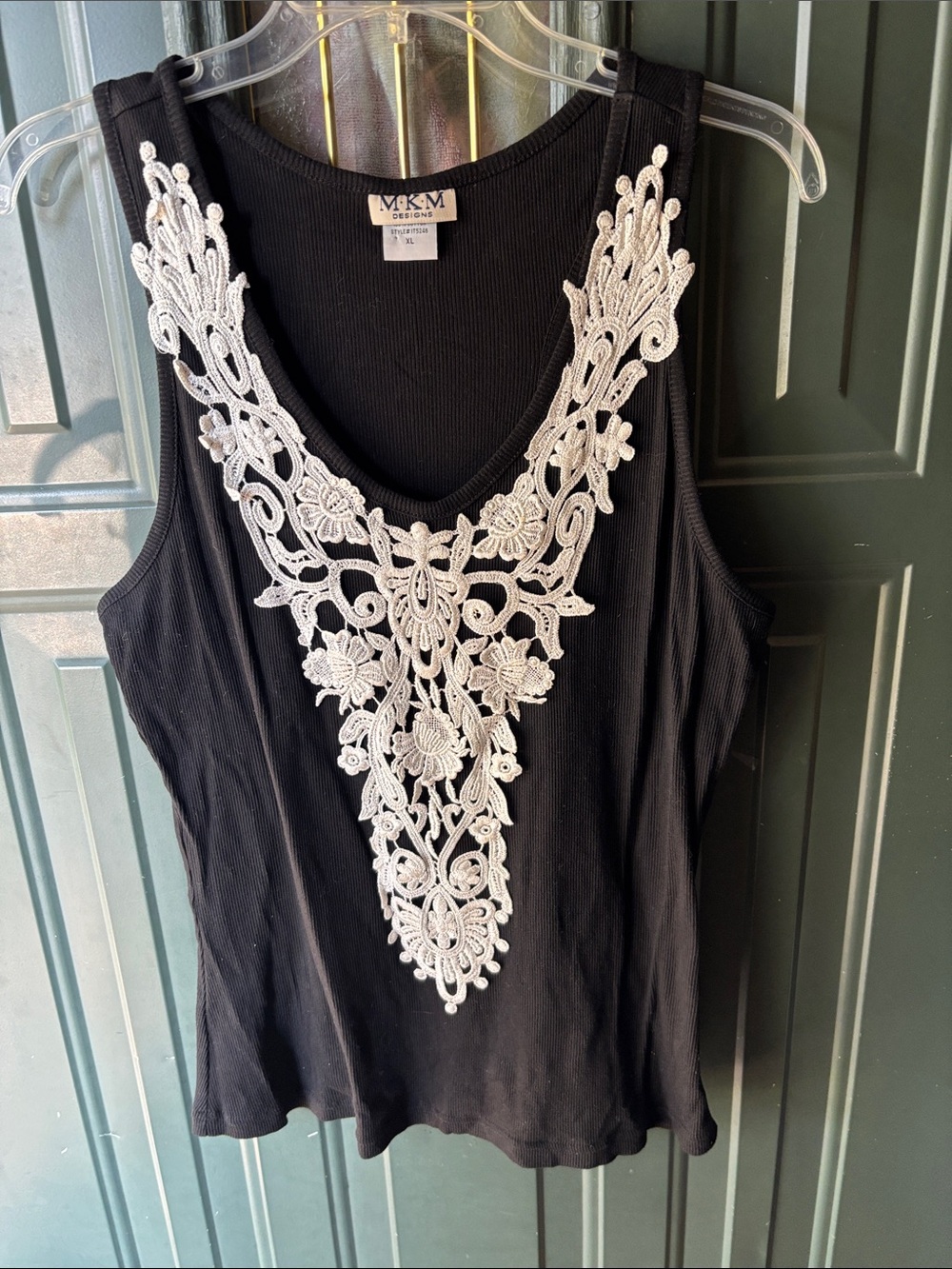 MKM Designs Black Tank with White Lace V-Applique
